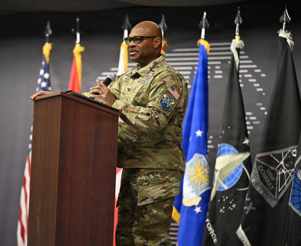 Col. Keith Morris, incoming commander of the 821st Space Base Group, addresses the 75th anniversary ceremony at Pituffik Space Base.  Credit: U.S. Space Force photo by Staff Sgt. Jaime Sanchez.